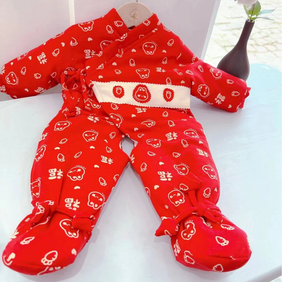 棉兜兜手工棉衣新生儿蝴蝶衣连体保暖包脚婴幼儿红色
