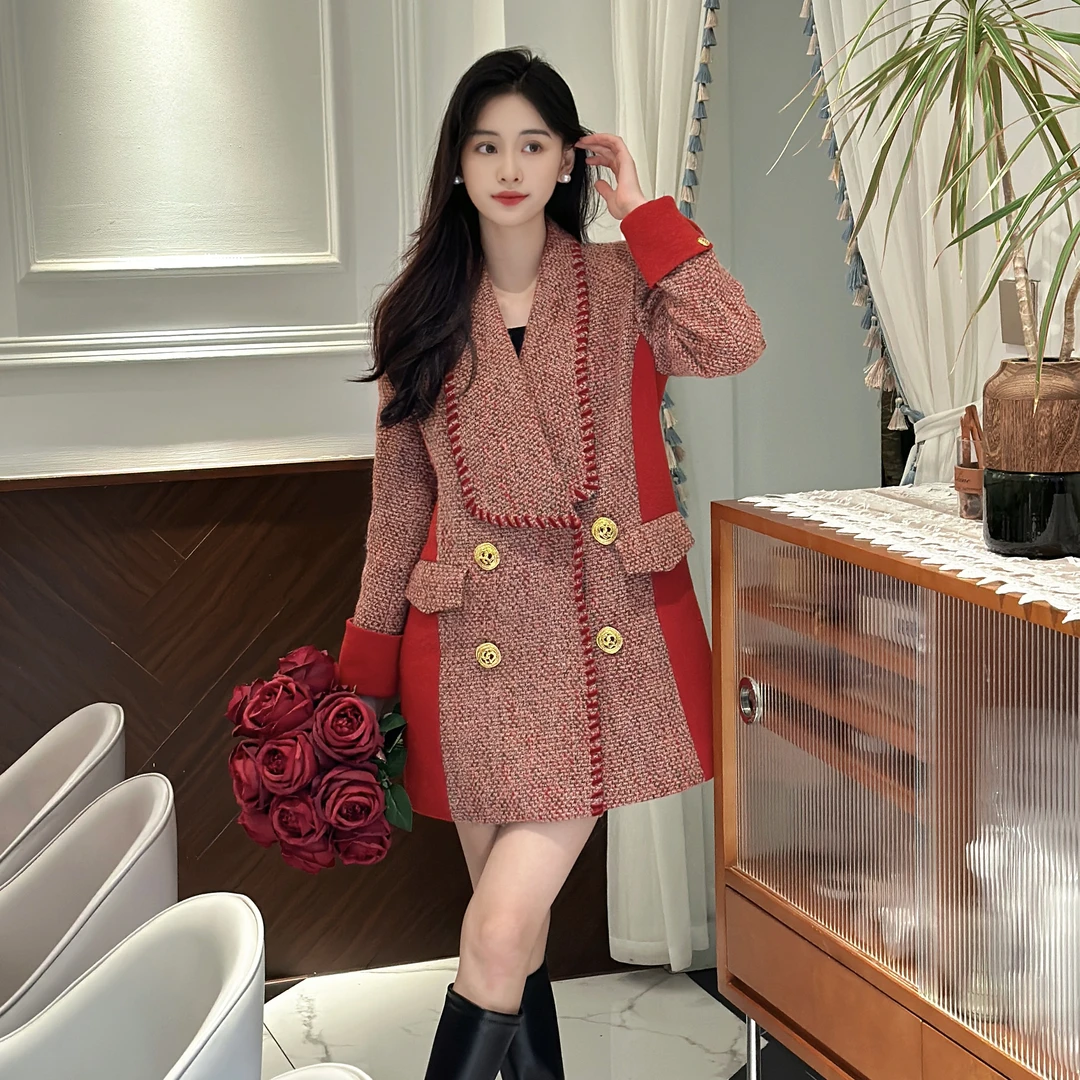 【N·COU】24冬新款红色小香风轻奢羽绒百搭连衣裙DY77171