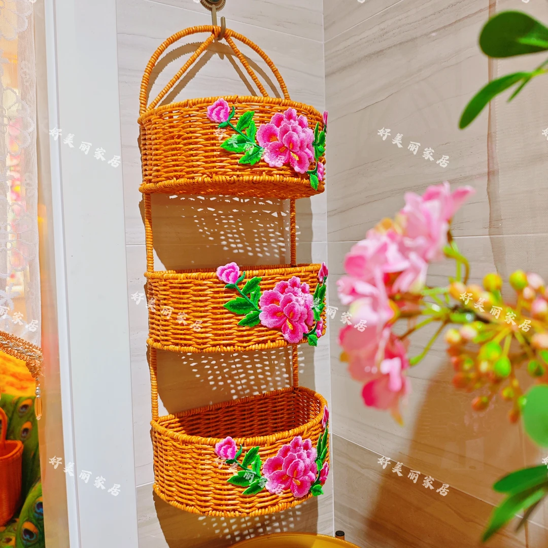 手编篮筐三层筐牡丹收纳袋轻奢收纳篮衣物杂物手工高55.20