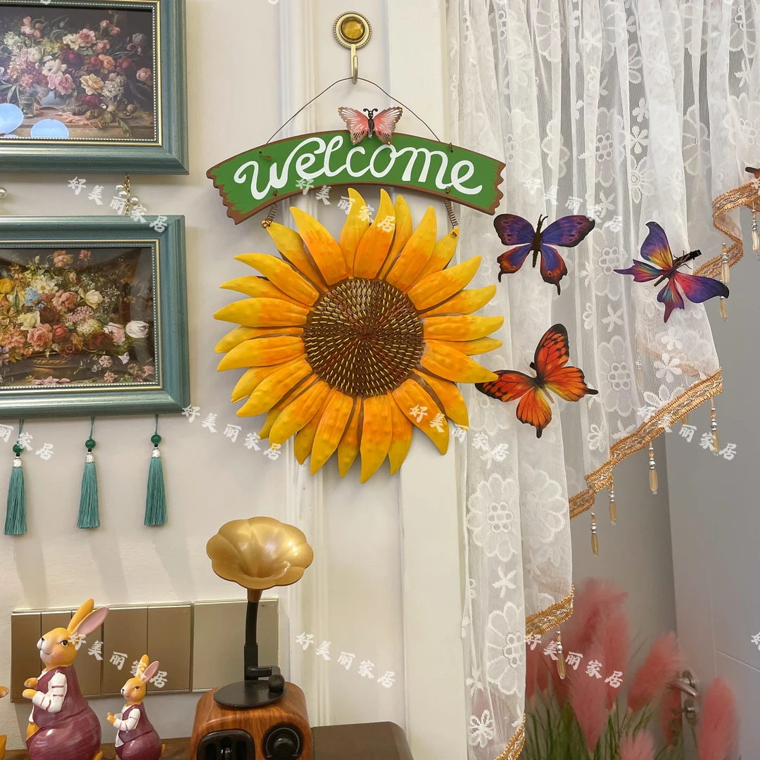 欧式田园风入户门 向日葵太阳花墙面铁艺装饰品摆件