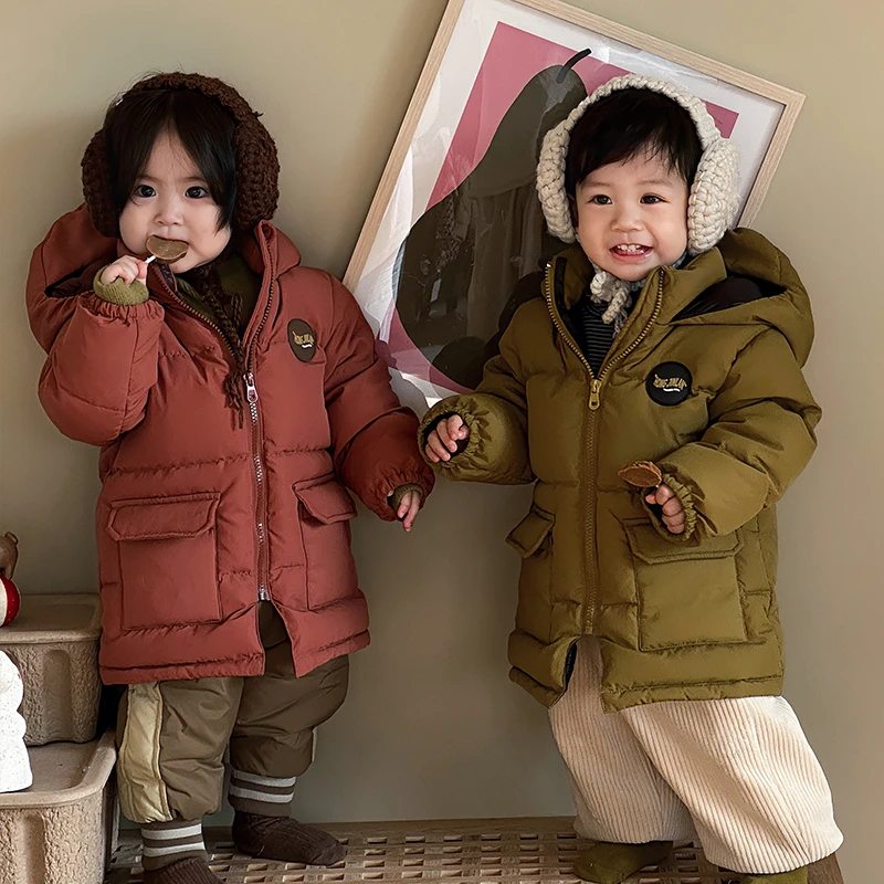 撞色贴标工装中长款连帽羽绒服YZ63031