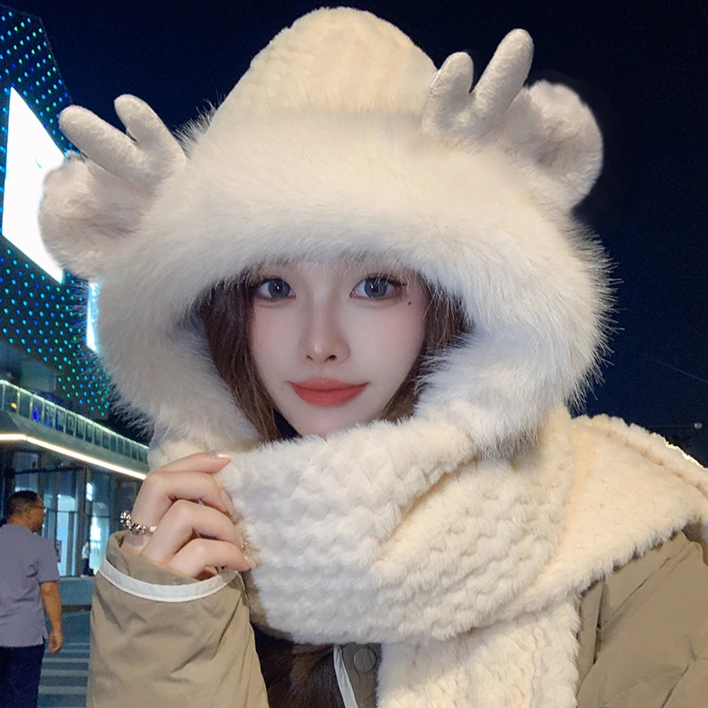 秋冬季2025新款帽子围巾一体女冬天保暖毛绒手套三件套可爱连帽潮