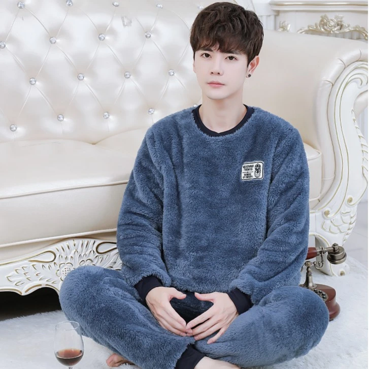 男士睡衣冬季加绒加厚保暖珊瑚绒套头宽松家居服秋冬季毛绒套装