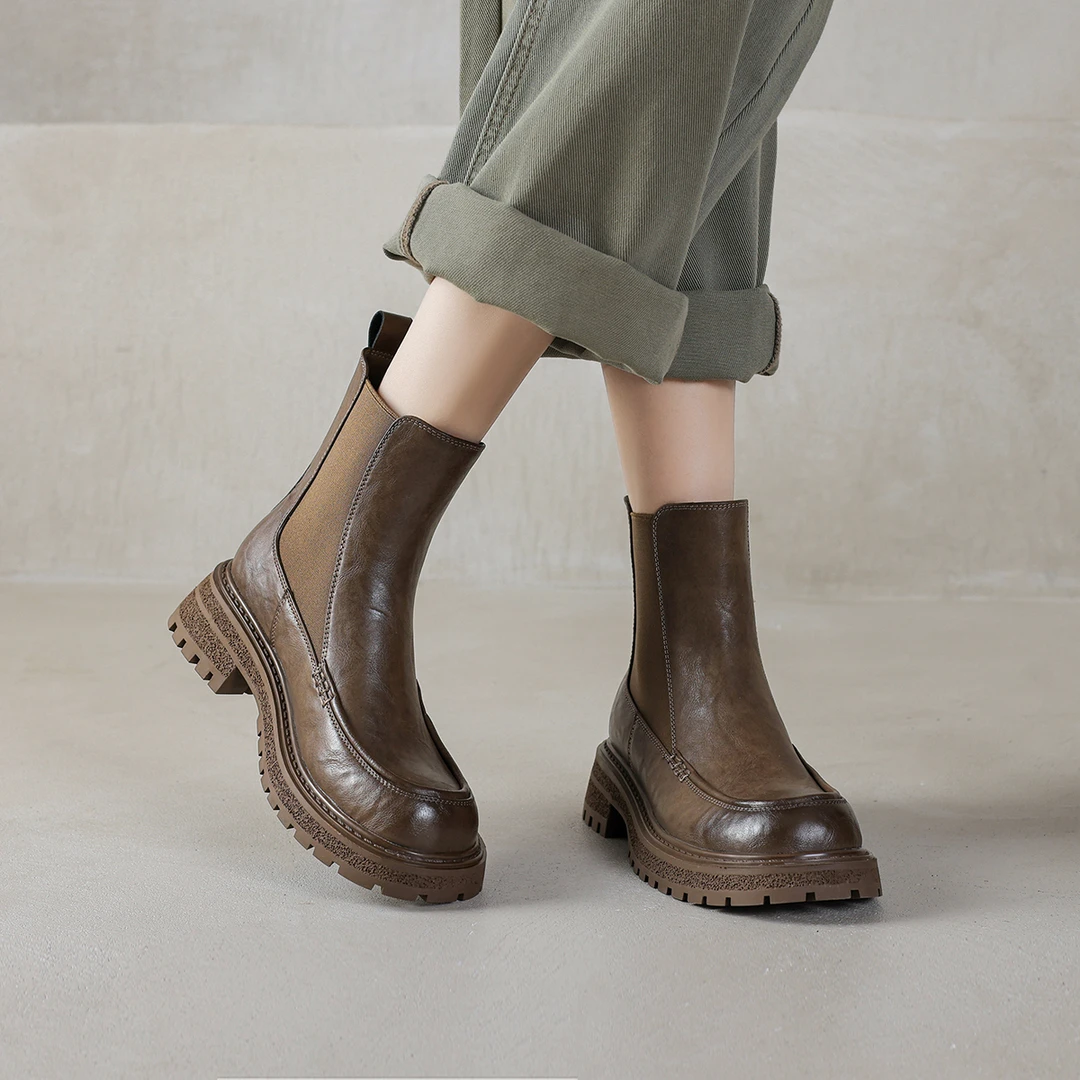 阿么手工女鞋真皮厚底切尔西短靴女拼接英伦风秋冬新款靴子4.5CM