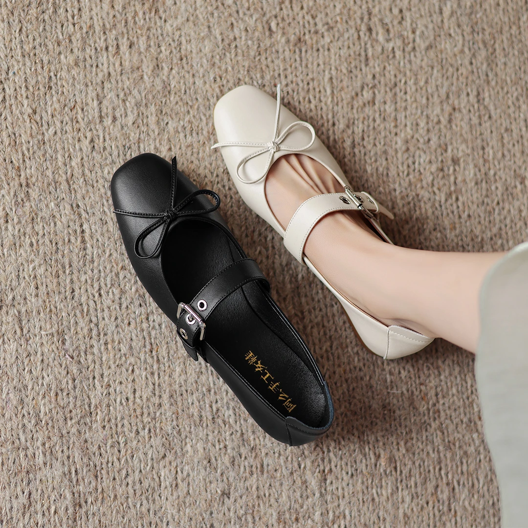 阿么手工女鞋蝴蝶结浅口小方头真皮单鞋1.8CM平底甜酷风玛丽珍鞋