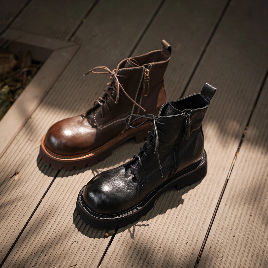 【阿么古纹马皮鞋】复古高级感百搭马丁靴厚底4CM秋冬圆头系带短靴