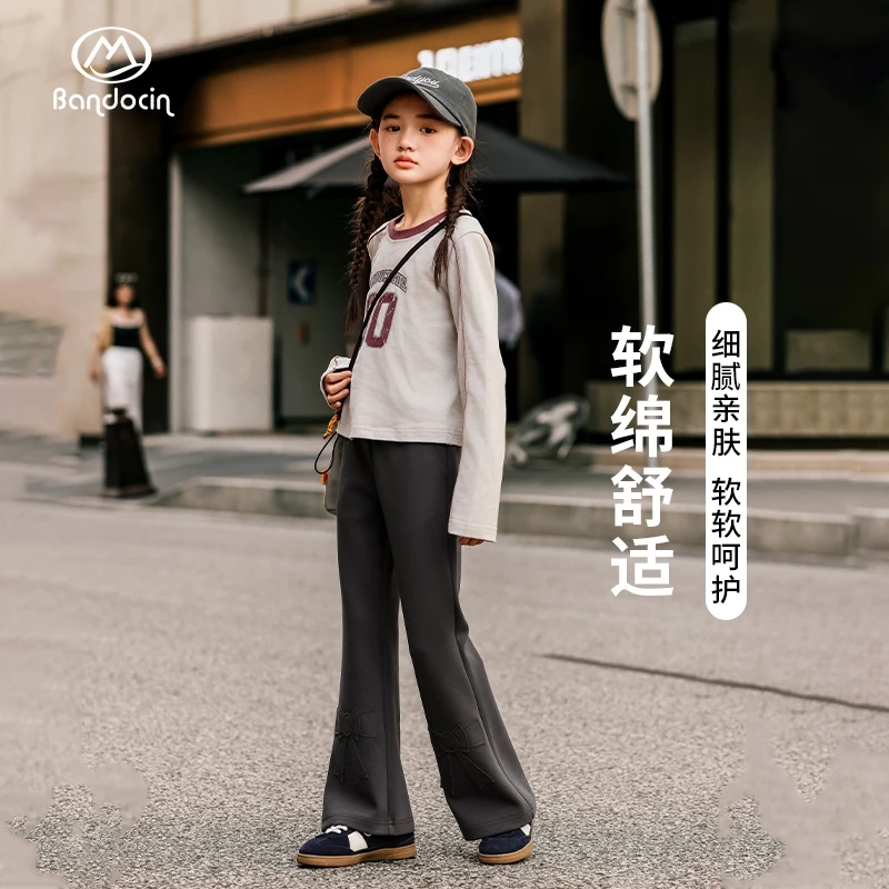 BANDOCIN/半度闲女童城市户外春秋款蝴蝶结印花舒适微喇叭长裤