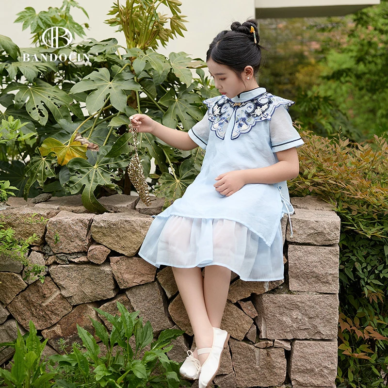 BANDOCIN/半度闲大童儿童中式国风连衣裙2024雅丹风夏装新款裙子