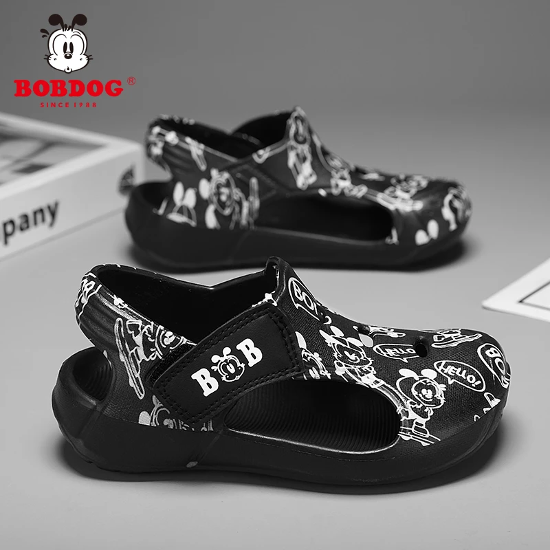 [24-35码]巴布豆童鞋2024新款一脚蹬凉鞋印花透气沙滩鞋中童洞洞