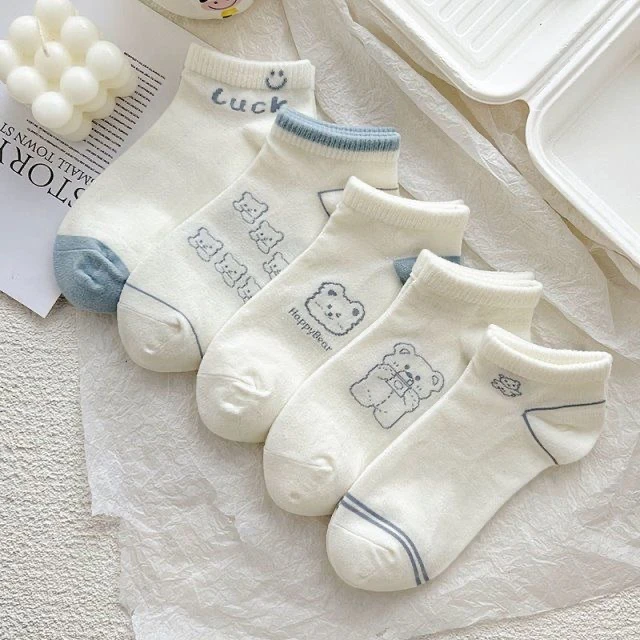 高考毕业季夏季薄款新款蓝色小熊袜子女短筒ins潮可爱浅口船袜