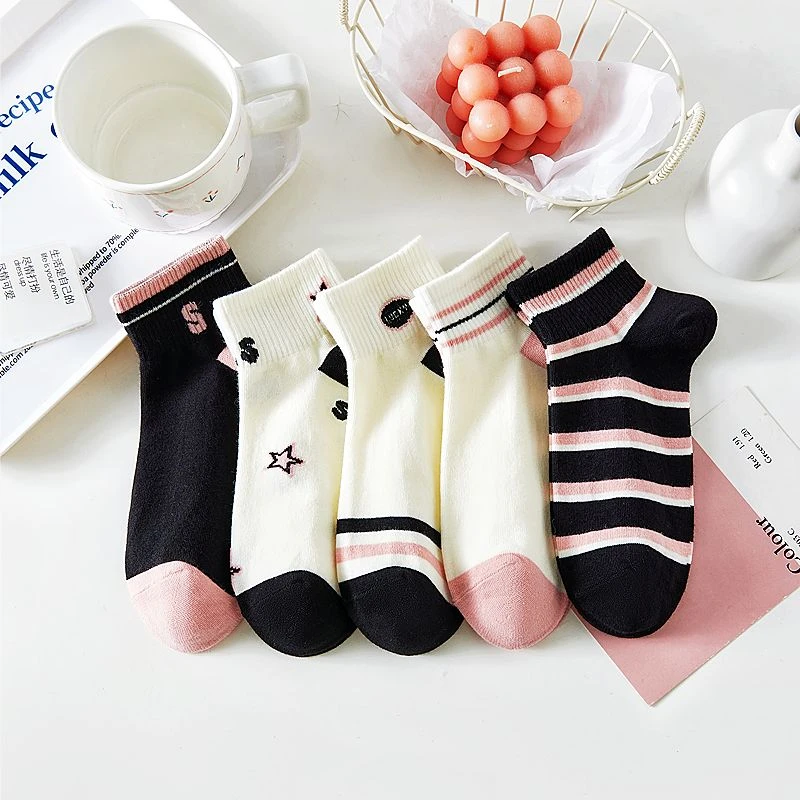 粉色星星袜子女短袜浅口春夏季卡通少女运动条纹短筒袜子女款袜子