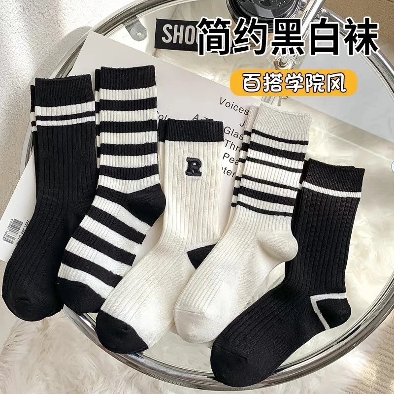 袜子女秋冬款黑色条纹中长筒学院风ins潮百搭运动袜日潮堆堆袜