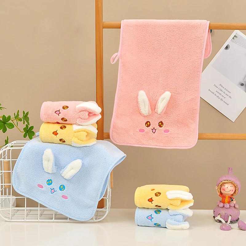 兔耳朵珊瑚绒宝宝成人柔软吸水洗脸洗澡面巾新生儿幼儿园家用挂巾