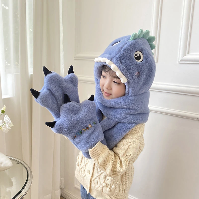 恐龙帽子毛绒帽子冬季保暖帽男女网红加厚手套宝宝连体帽女宝连帽