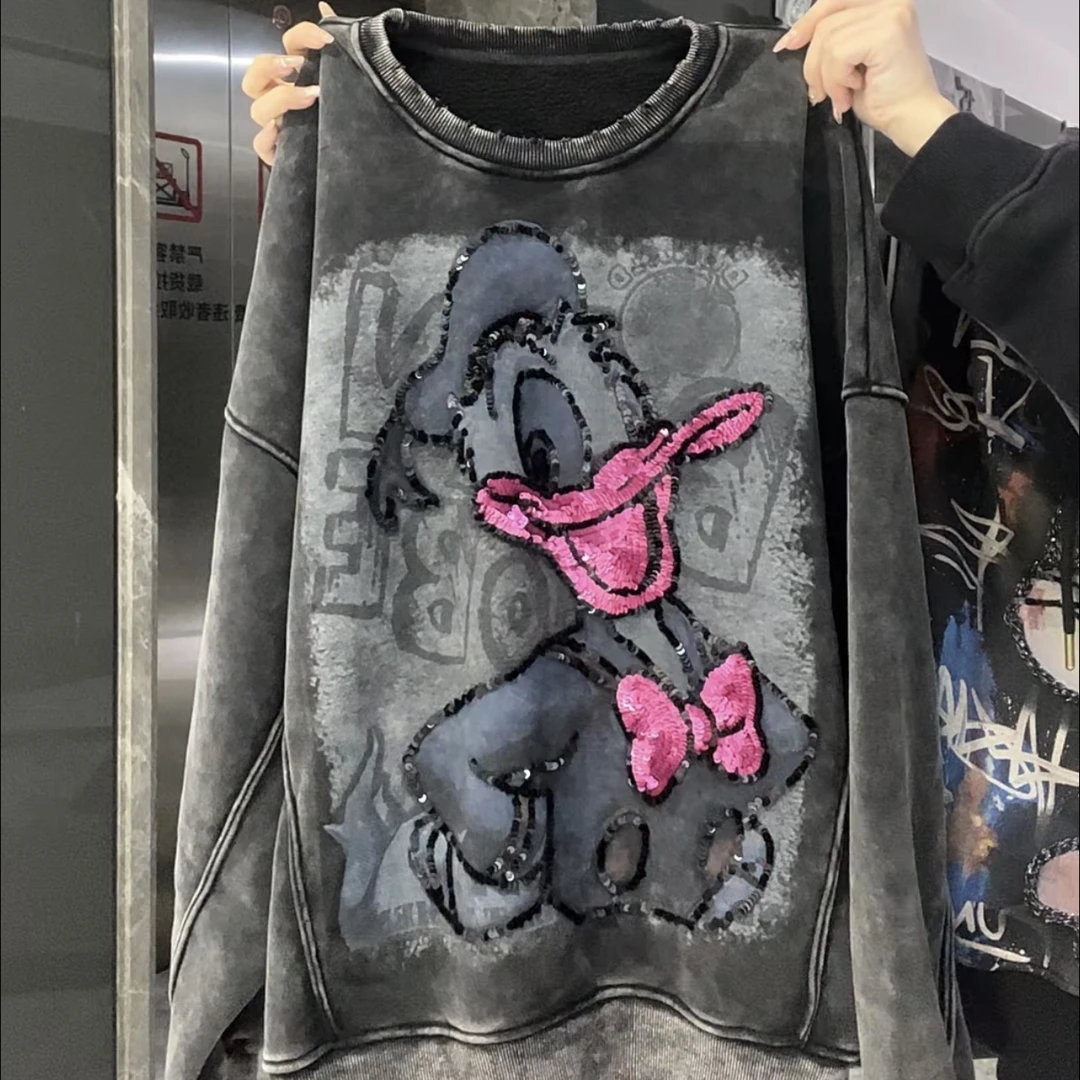 粉蓝珠绣亮片唐老鸭加绒卫衣宽松显瘦百搭韩版休闲洋气大版加厚