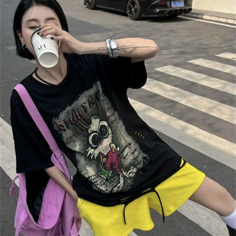眼镜兔夏季新款美式发泡设计破洞卡通印花圆领短袖女休闲潮酷T恤