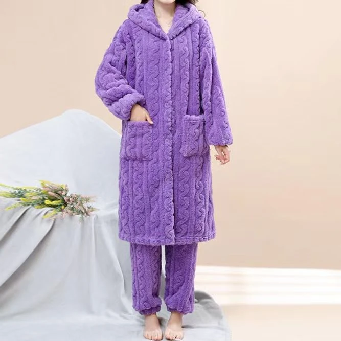 秋冬季时尚舒适加绒加厚可爱提花珊瑚绒长款睡袍睡袍网红外穿