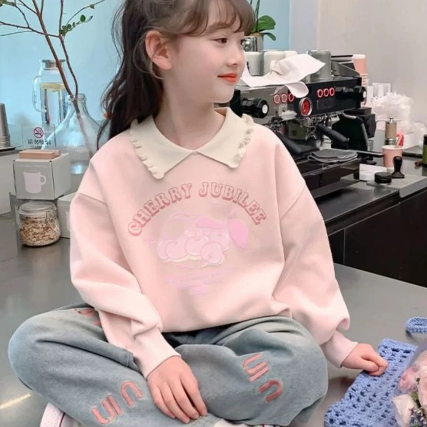 2025新款女童秋季卫衣洋气花边童装女孩衣服中大童polo领春秋上衣