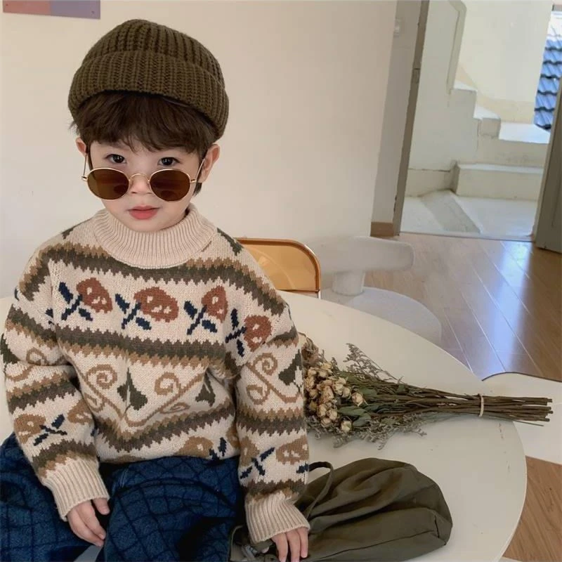 【单层加厚 23537】秋冬季儿童针织衫洋气双针织民族风套头毛衣