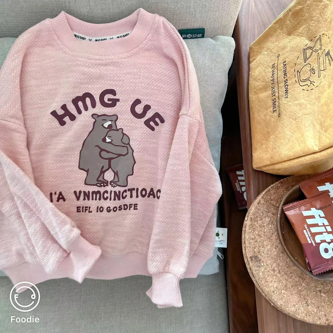 【JMJQ 20986】春秋韩版提花纹路多巴胺粉拥抱小熊长袖圆领套头卫衣