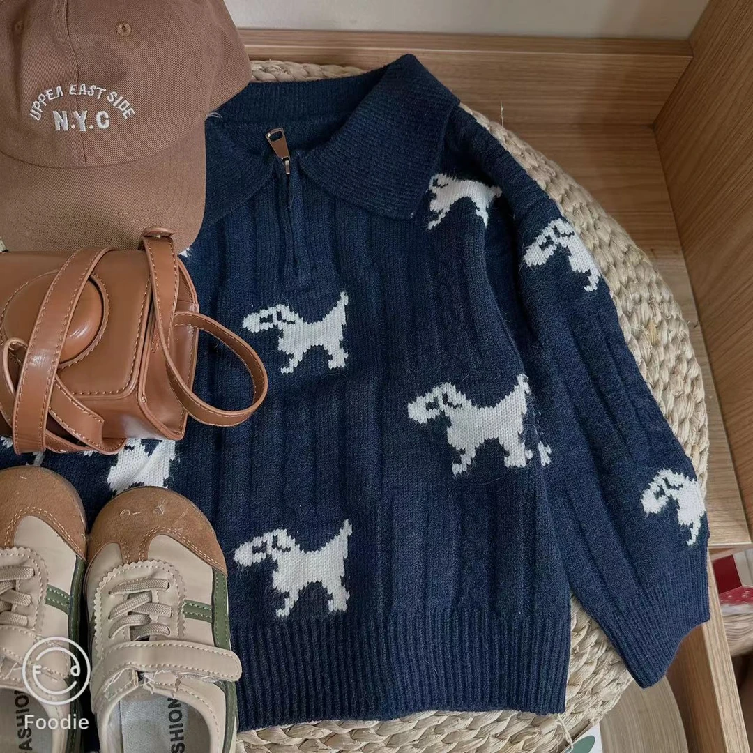 【断码处理冬 231107】秋冬儿童恐龙半开领中领条纹针织套头毛衣