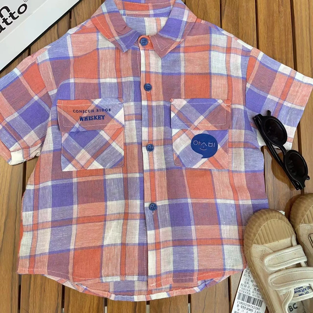 【断码处理 52387A】夏季韩版中小童时尚洋气格子短袖清凉衬衫外套