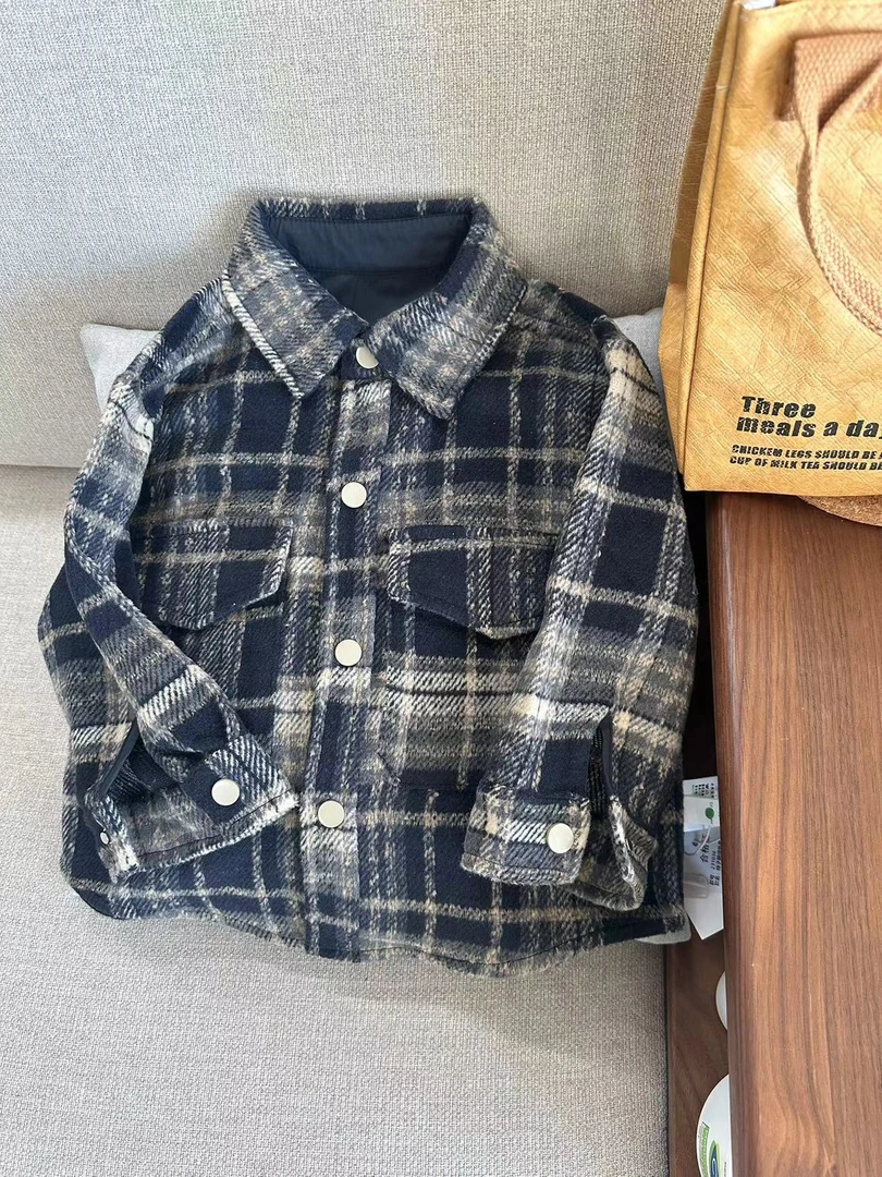 【JMJQ 231036】春秋森系复古风儿童格子翻领厚外套