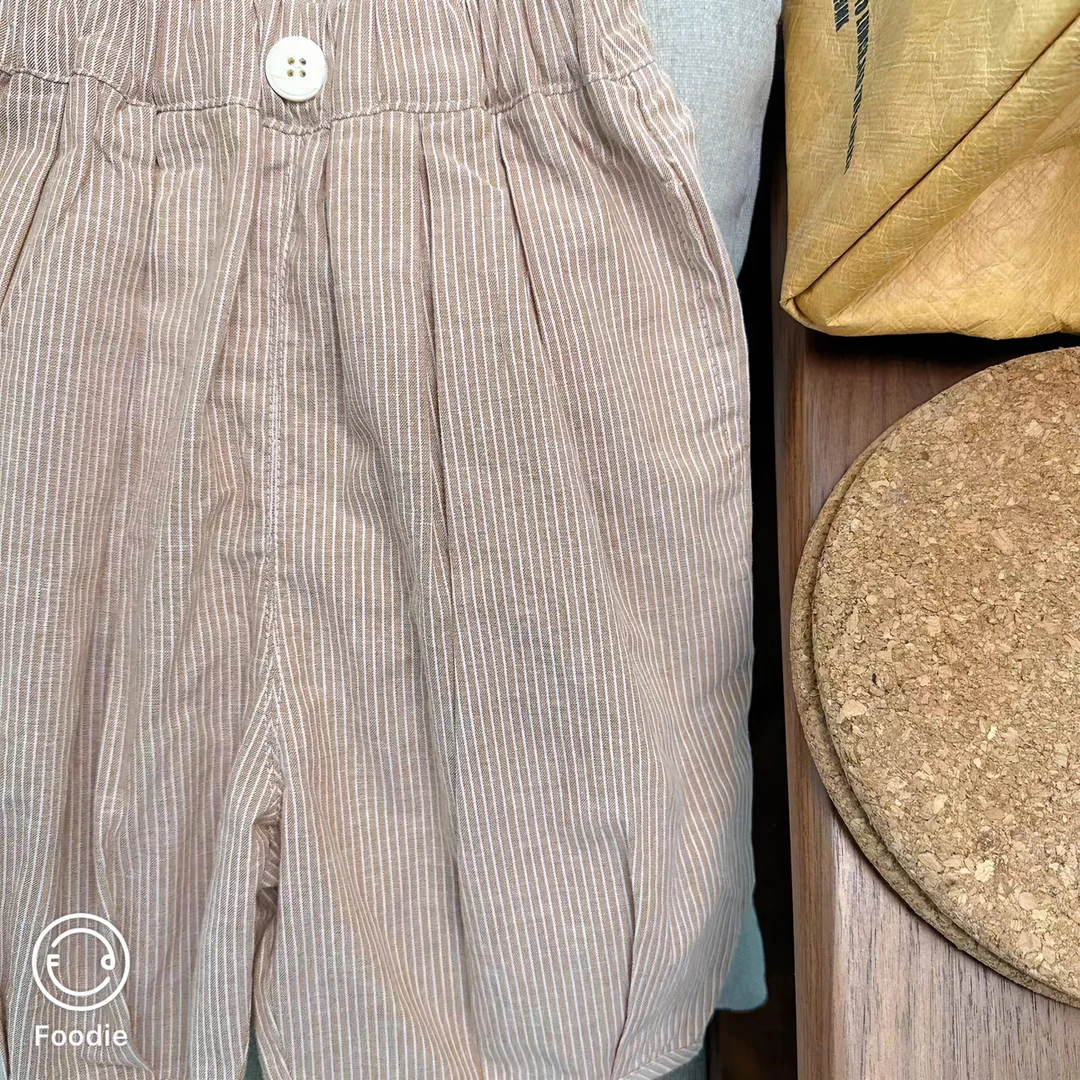 【重工款 20650】夏季小童韩版百搭亚麻混纺竖纹薄款过膝七分裤时尚