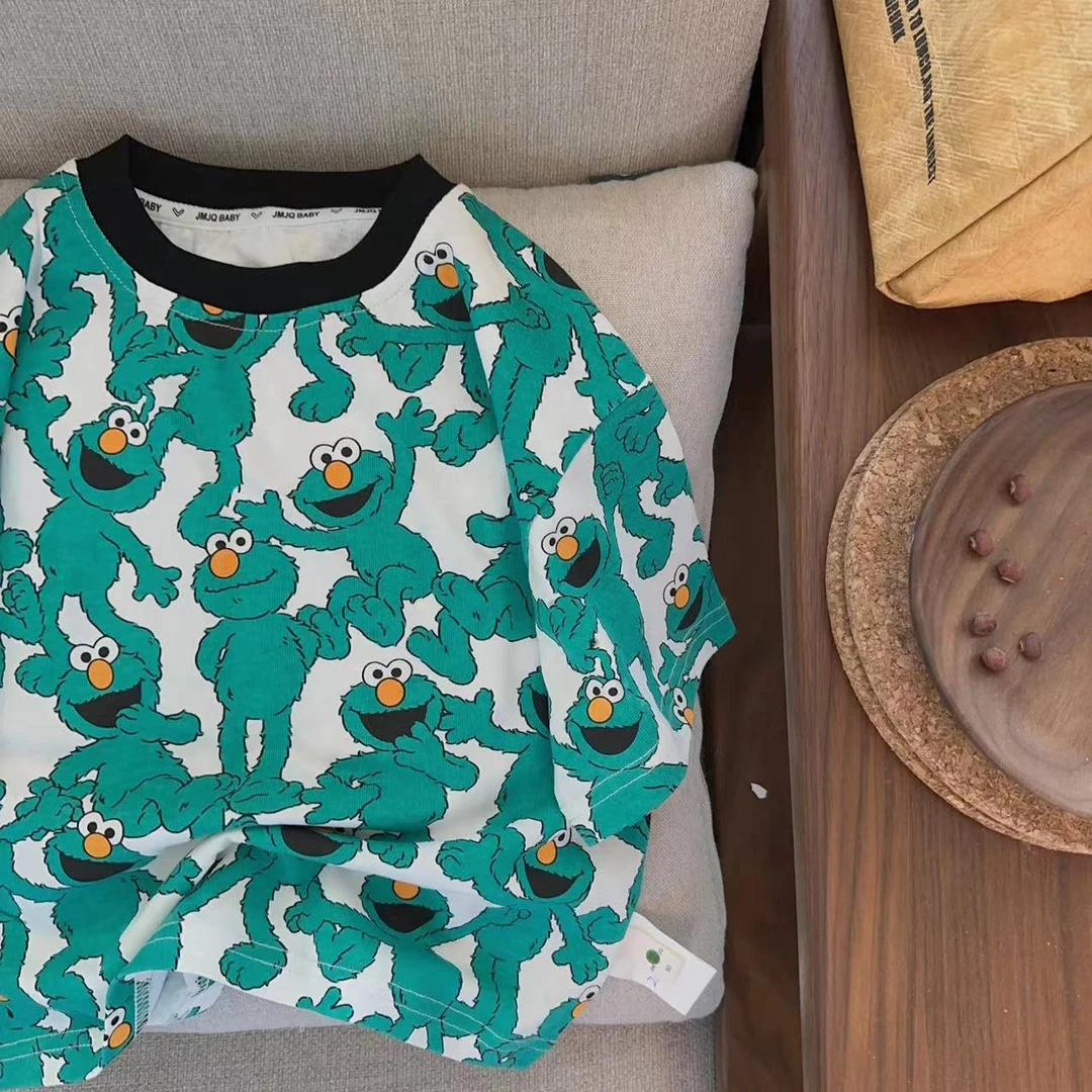 【绿色系 20172】夏季儿童百搭满印芝麻街短袖时尚圆领休闲T恤