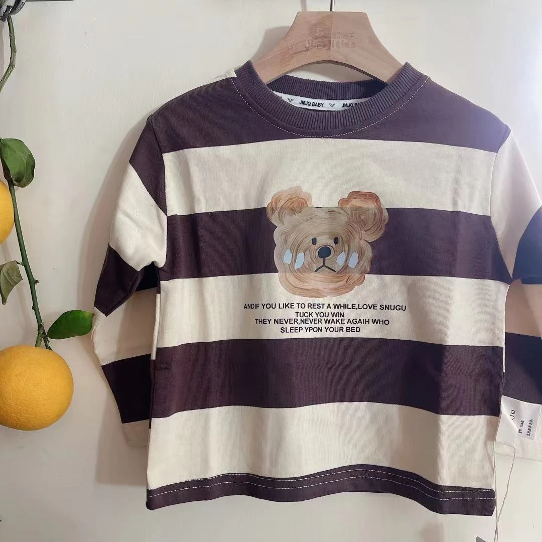 【断码处理 23910】春秋中小童韩版亲肤色织宽条纹单层加厚小熊长袖