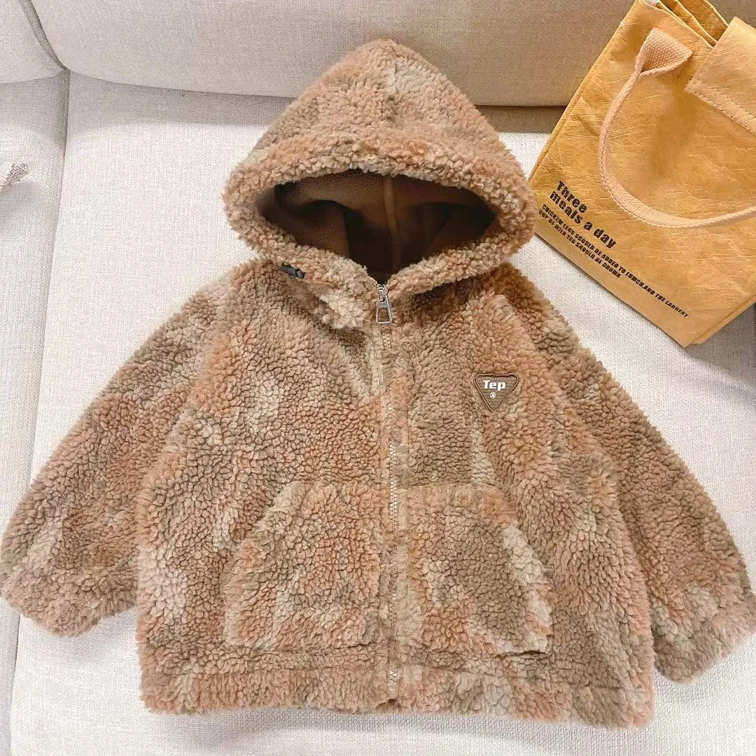 【JMJQ 231097】秋冬季儿童韩版加绒加厚保暖迷彩棕连帽外套