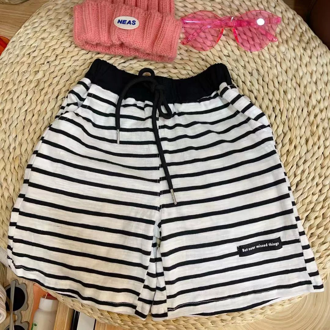 【JMJQ23352】夏季中小童韩版细黑条女童男童时尚条纹短裤童装儿童