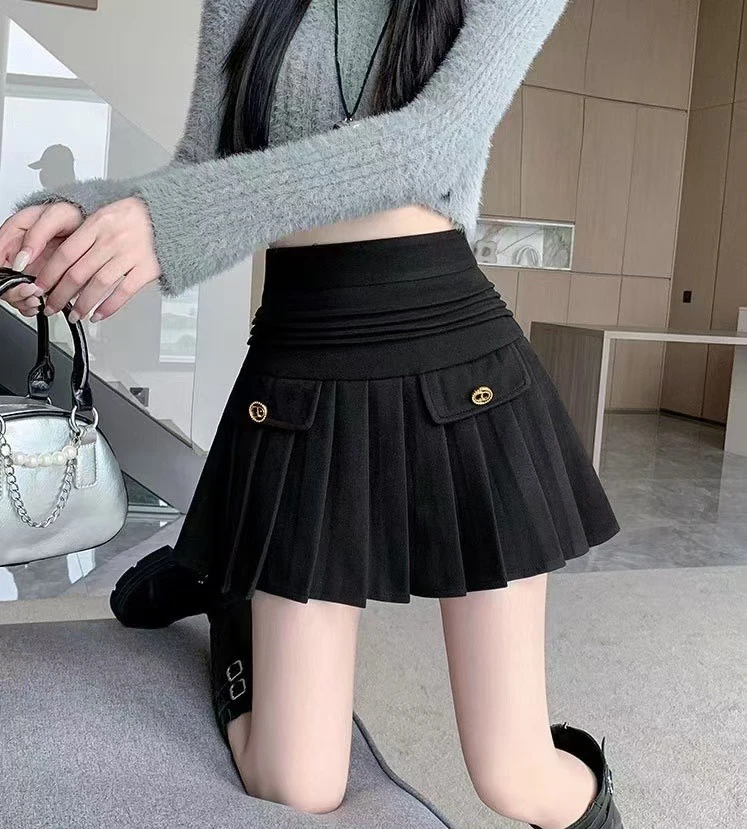 秋季新款高腰磨毛百褶裙