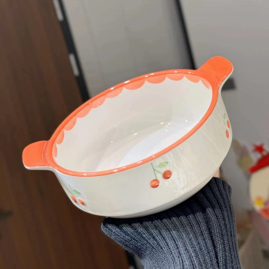 【东泰】出口某韩 mh 陶瓷餐具浅红色浮雕樱桃8英寸双耳汤锅