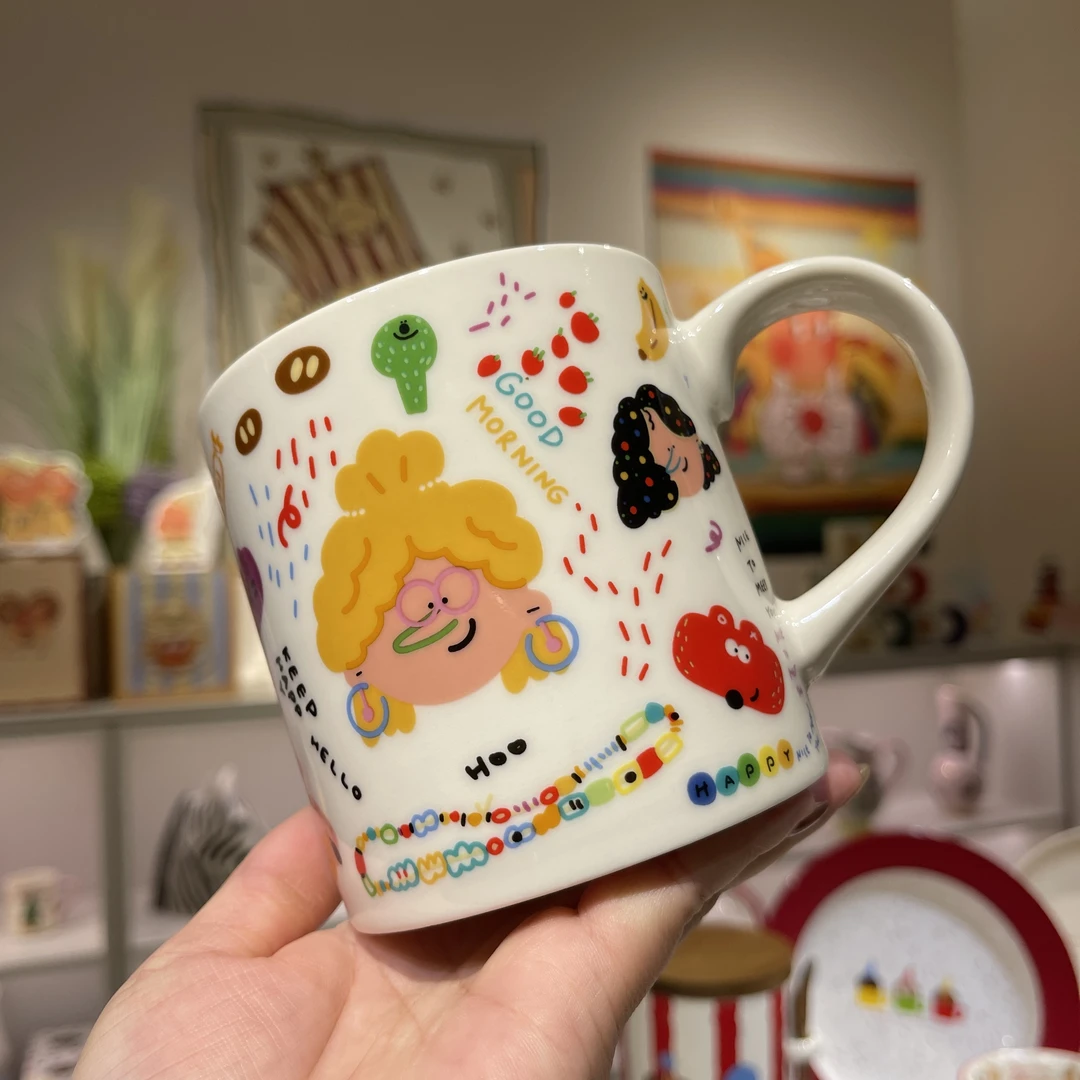 【东泰】涂鸦女孩家用办公室大容量喝水杯可爱陶瓷杯子内波浪马克杯