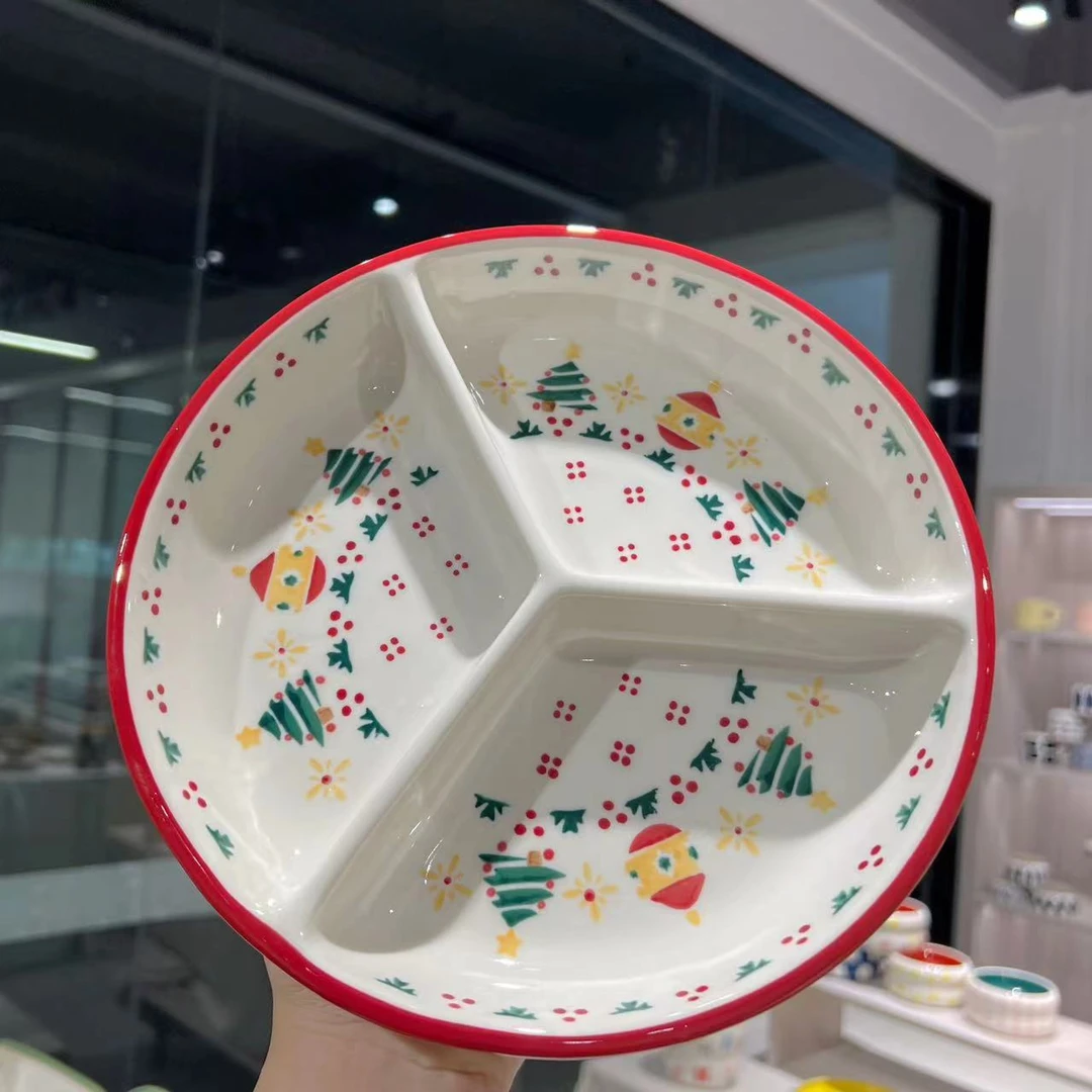 【东泰】出口某韩 mh 陶瓷餐具红色圣诞节三格陶瓷分餐盘