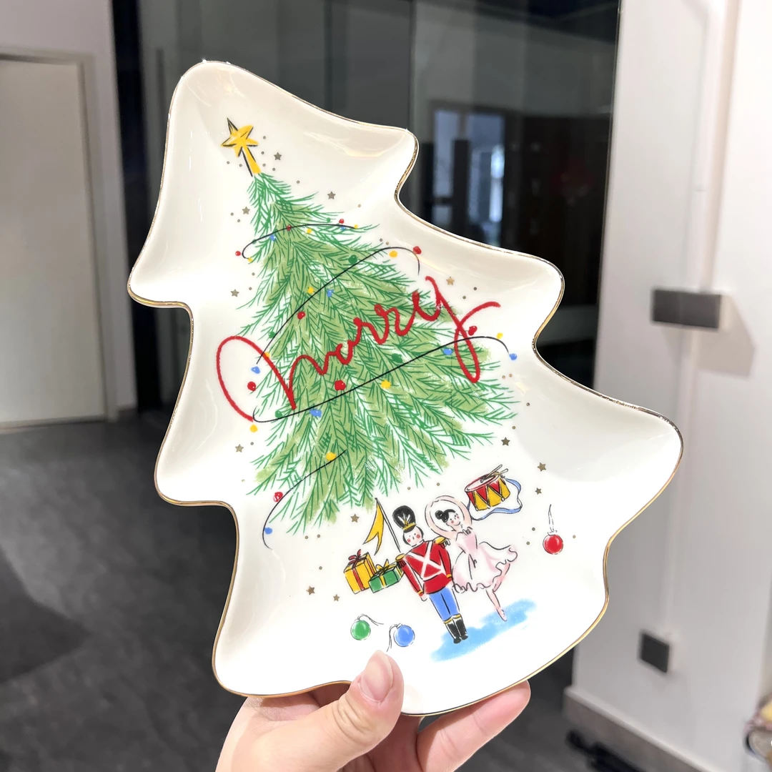 【东泰】尾单清仓！描金边白色圣诞树异形盘