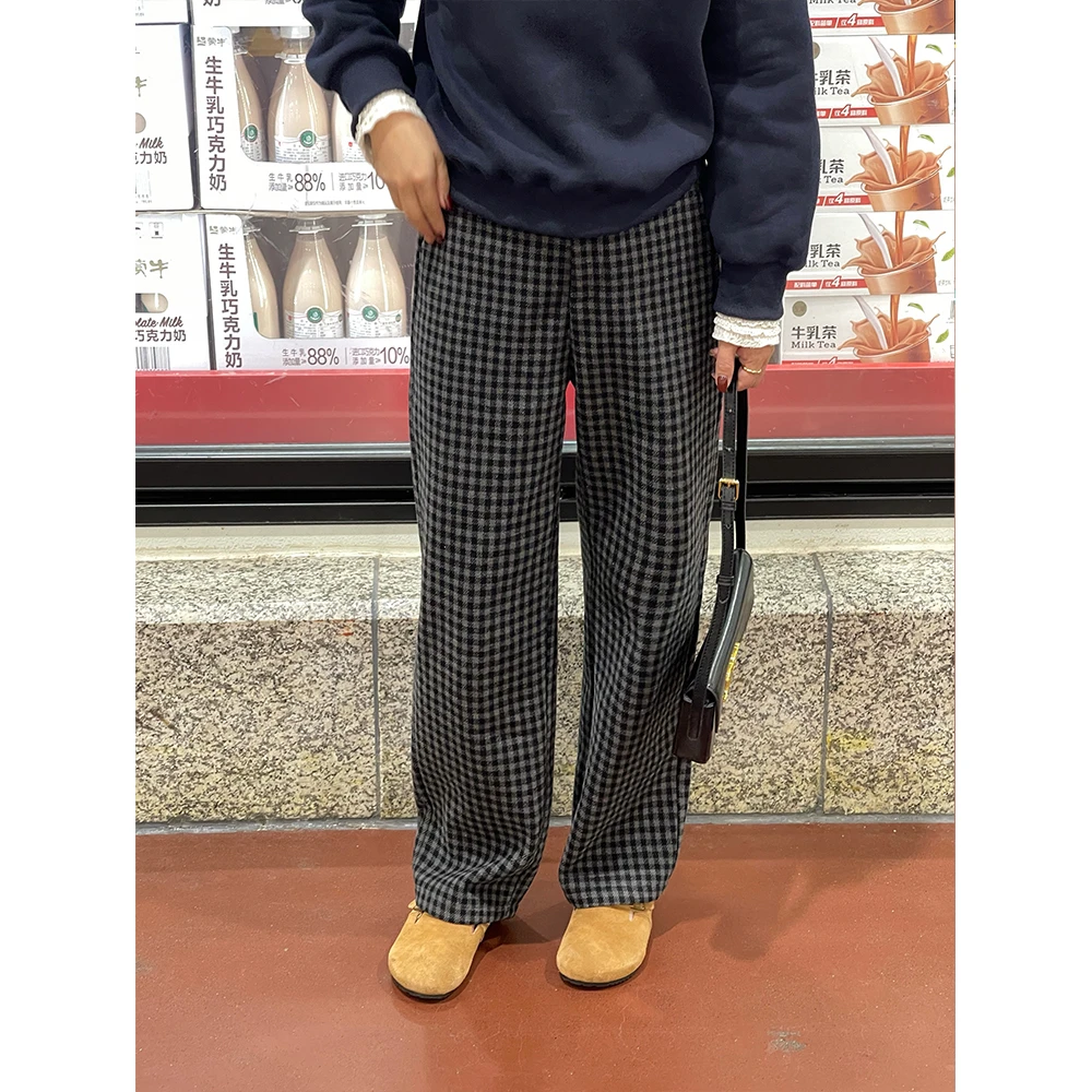 WenWen小个子韩版休闲千鸟格子加绒直筒显瘦裤时尚百搭外穿2355
