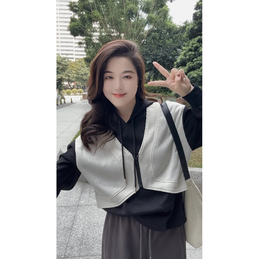 WenWen小个子韩系假两件卫衣2024秋冬新款百搭时尚外套2187