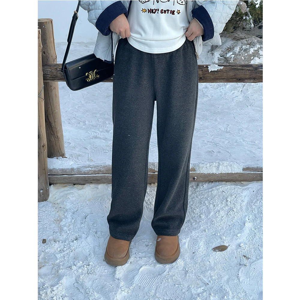 WenWen小个子韩版新款秋冬加绒毛巾绒窄版高腰直筒裤外穿裤子2385