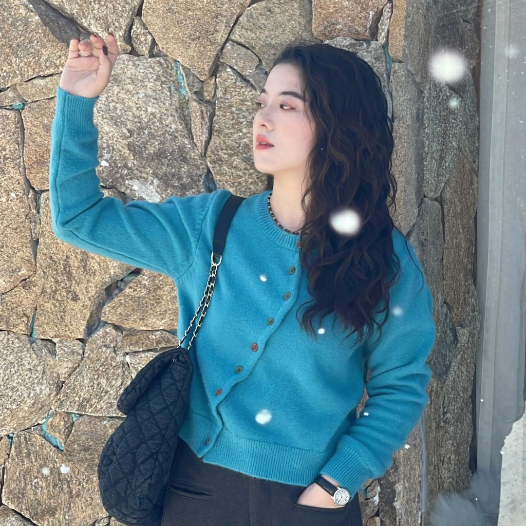 WenWen小个子韩系时尚针织开衫2024秋冬不对称设计款圆领毛衣2198