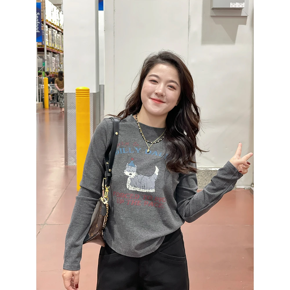 WenWen小个子秋冬双层磨毛加厚小狗打底衫T恤长袖时尚韩版2313