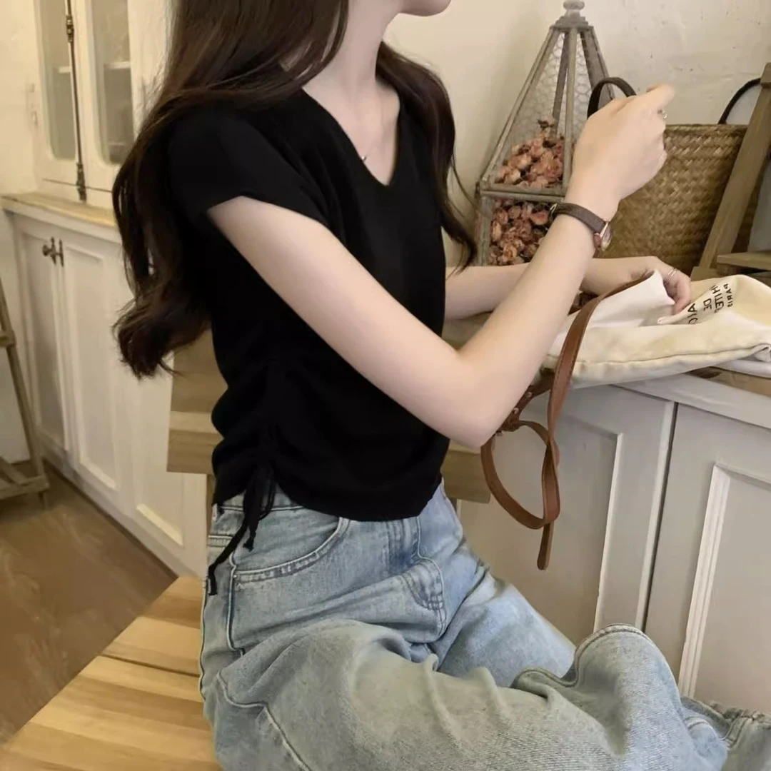 法式v领条纹正肩短袖T恤女夏季抽绳设计感小众短款打底衫针织上衣