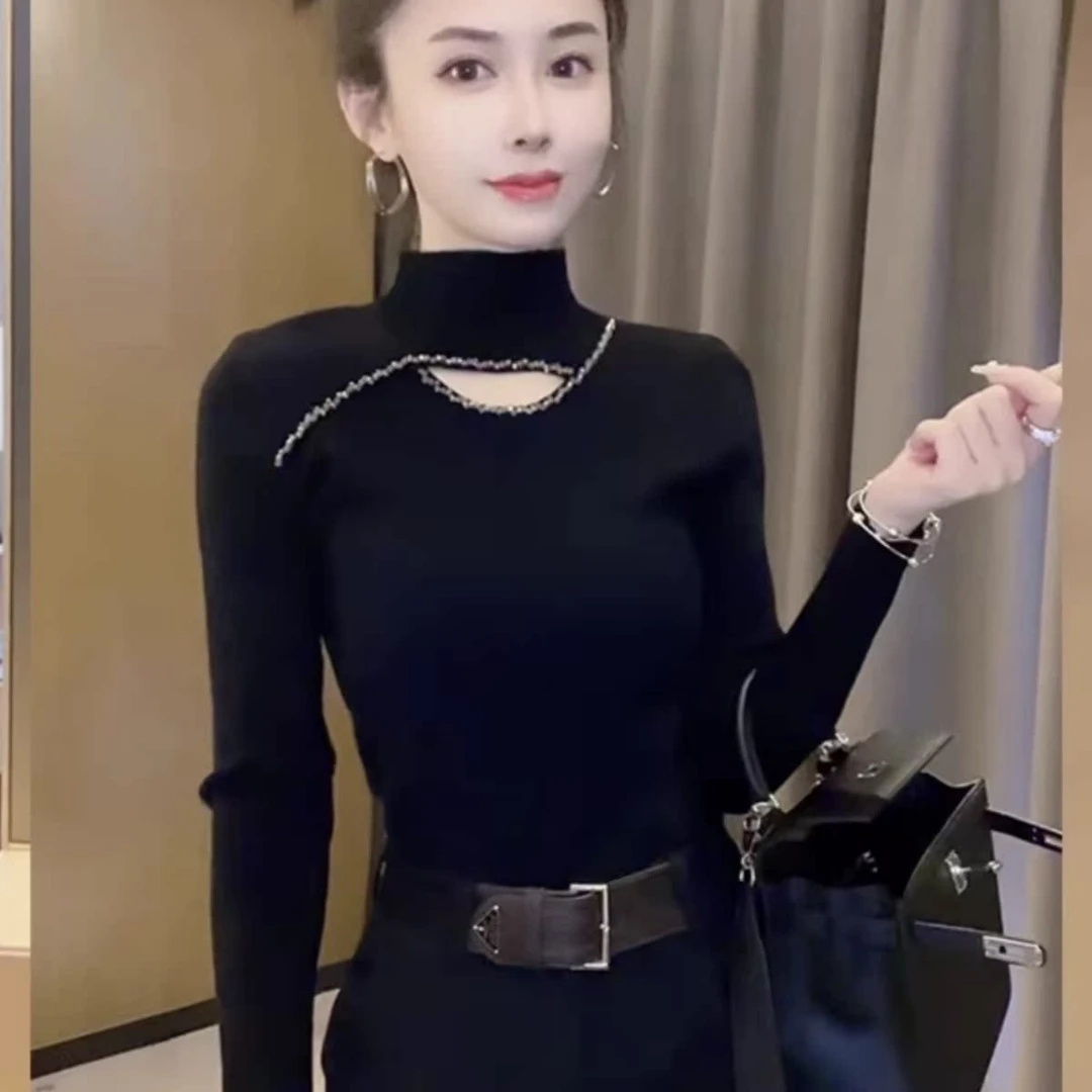 2024新款镂空内搭打底针织衫女秋冬钉珠显瘦洋气今年流行爆款上衣