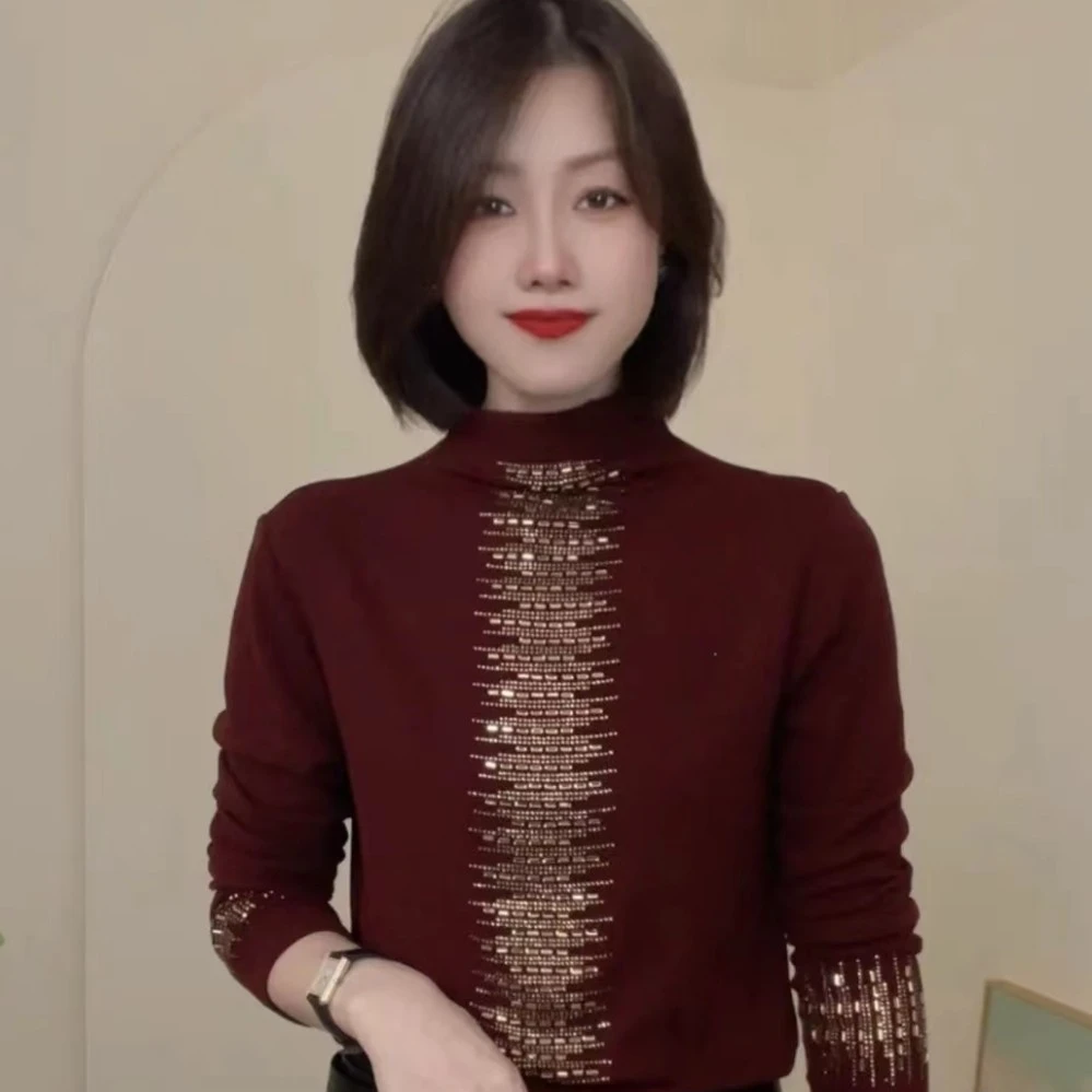 中领保暖秋季妈妈装打底衫长袖网红时尚百搭女士半高领洋气显瘦