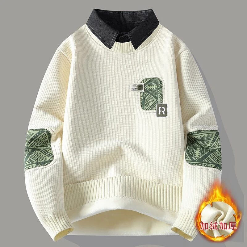 2025秋冬季一体绒毛衣男潮牌青年拼色假两件休闲保暖衬衫领针织衫