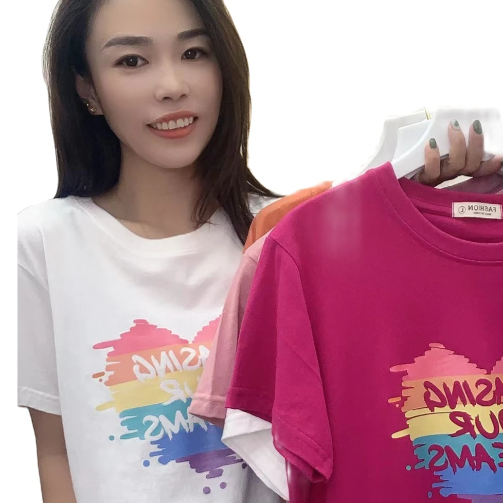 女款彩色百搭卡通纯棉短袖【五彩爱心】夏季半袖圆领时尚休闲潮流