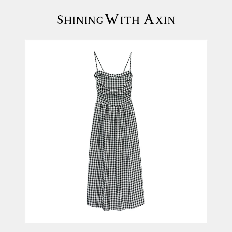 阿昕亮晶晶<英国梨> 黑白格子打揽抹胸吊带气质连衣裙AX230175