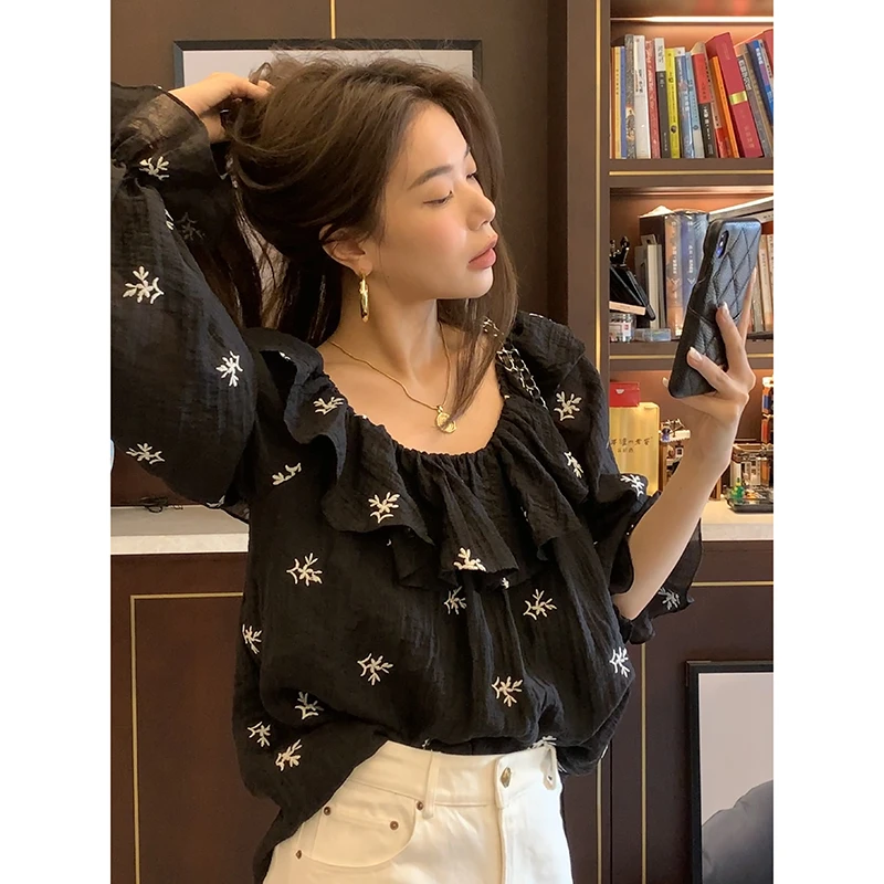 阿昕亮晶晶 两面穿 黑色两穿刺绣上衣AX230508