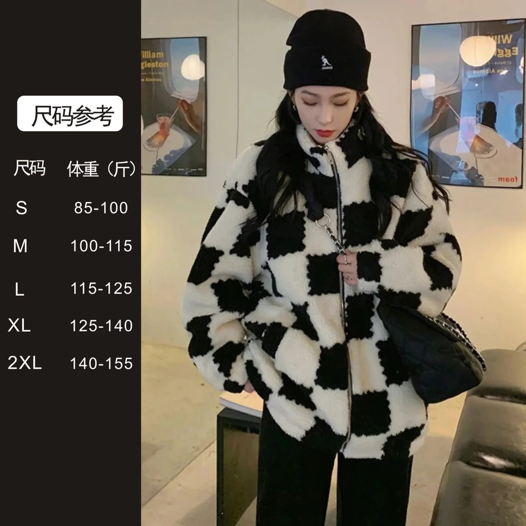 F-18-秋冬外套-2023新品女款宽松棋盘格加绒加厚上衣YM-KFZQ8381